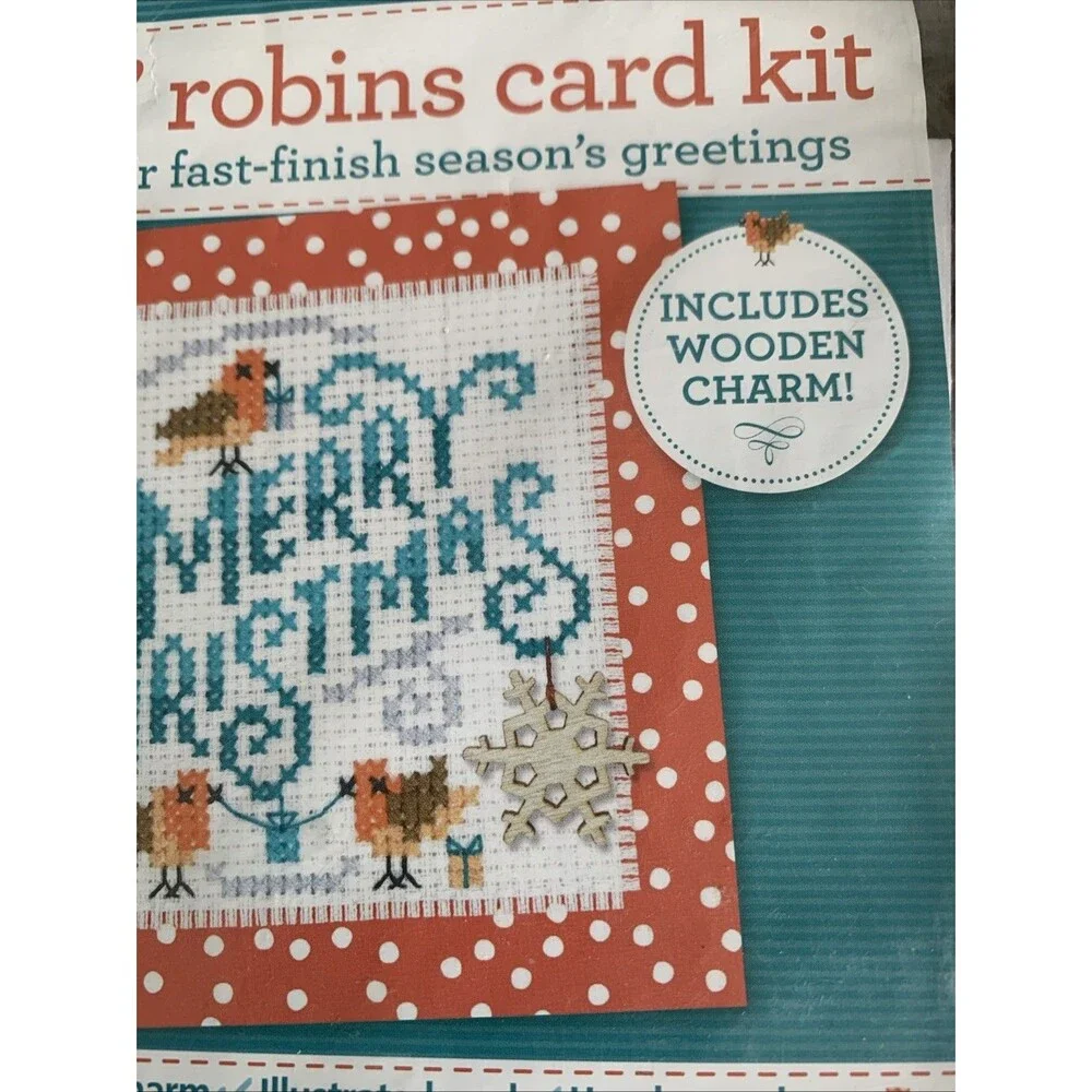 Rockin Robins Merry Christmas Card Kit With Wooden Charm Festive Cross Stitching